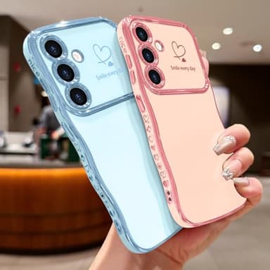 LCHULLE for Samsung Galaxy S24 Plus Case for Women Girls, Cute Wave Frame Curly Shape with Love Heart Camera Protection Cover Luxury Plating Shockproof Phone Case for Galaxy S24 Plus 5G, Baby Blue - Image 6