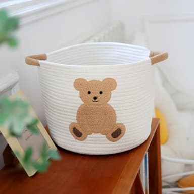 INough Cotton Rope Basket Toy Storage Baskets for kids Laundry Hamper, Gift Basket Empty Baby Shower Baskets with Handles, Cute Bins Blanket Stuffed Animal Storage for Nursery, Living Room Decor, Bear - Image 2