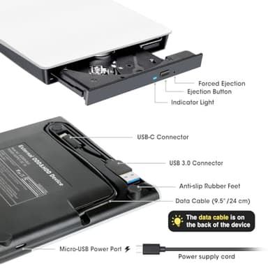 ROOFULL External CD DVD Drive for Mac Laptop, USB 3.0 & USB-C CD DVD Reader Writer Burner Player ROM/RW Portable Optical Disc Drive for Apple MacBook Pro, iMac, Windows 11/10/8/7 Computer PC, White - Image 6