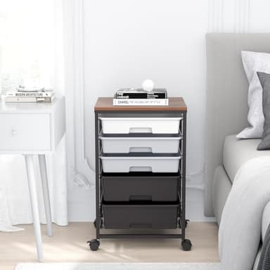 SYKIARIOL Utility Cart with 5 Drawers,Storage Drawer Cart with Wooden Tabletop and Lockable Wheels,Craft Storage Trolley Cart,5-Tier Rolling Utility Cart on Wheels,Dark Grey - Image 2