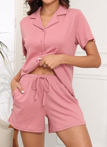 BEKOFO Women Ribbed Knit Pajamas Button Down Lounge Set 2 Pieces Pj Sets Loungewear Pearl pink S - Image 4