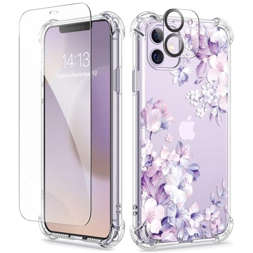 GVIEWIN for iPhone 11 Case with Screen Protector + Camera Lens Protector, [Not-Yellowing] Clear Soft TPU Shockproof Protective Cover for Women Girls Flower Pattern Phone Case 6.1"(Foliolosa/Purple) - Image 1