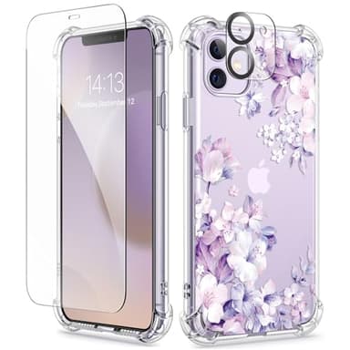 GVIEWIN for iPhone 11 Case with Screen Protector + Camera Lens Protector, [Not-Yellowing] Clear Soft TPU Shockproof Protective Cover for Women Girls Flower Pattern Phone Case 6.1"(Foliolosa/Purple) - Image 1