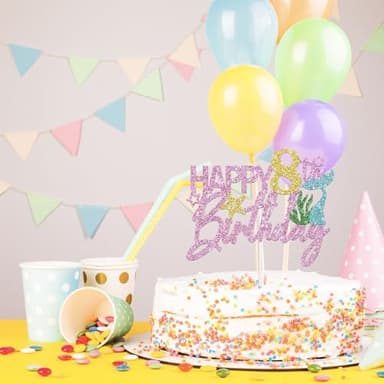 Mermaid Happy 8th Birthday Cake Topper, Pink Glitter Mermaid Eight Cake Decoration Ocean Theme for Girl 8 Years Old Birthday Party Cake Decor - Image 4