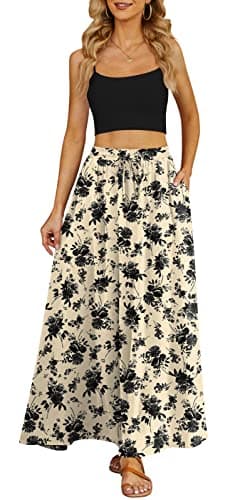 Yincro Women's Flowy Maxi Skirt Summer Pleated High Waisted Casual Long Skirts with Pockets (Black Flower Light Beige, XL) - Image 3