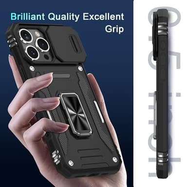 DEERLAMN Case for iPhone 16 Pro Max with Slide Camera Cover+Screen Protector (1 Pack), Rotated Ring Kickstand Military Grade Shockproof Protective Cover-Black - Image 7