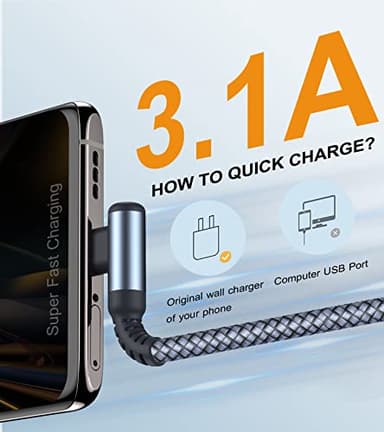 sweguard USB C Cable Right Angle [3Pack, 10FT+6.6FT+3.3FT], 3.1A Fast Charger Cable Nylon Braided Cord for iPhone 17 16 15 Pro Max Plus iPhone Air, Samsung Galaxy S25 S24 S23 S22 S21 Note 20 10,Moto - Image 2