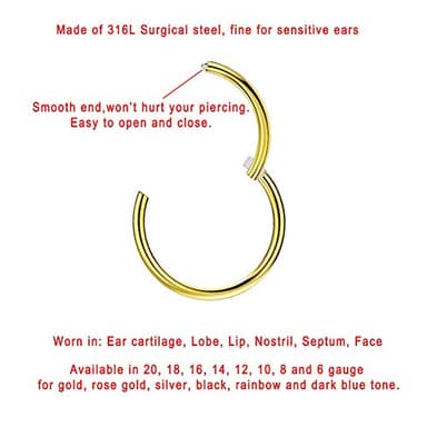 FANSING 18g 7mm Nose Hoop 18 Gauge Hinged Seamless Piercing Jewelry Ring for Septum Helix Cartilage Earlobe Lip Daith Tragus Rook & Conch 18k Gold-plated Surgical Steel - Image 2