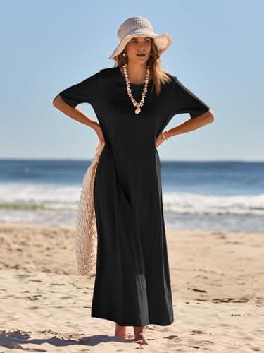 MEROKEETY Women's 2025 Summer Maxi Dress Casual Short Sleeve Beach Vacation Crewneck Basic Long T Shirt Dresses, Black, Small - Image 3