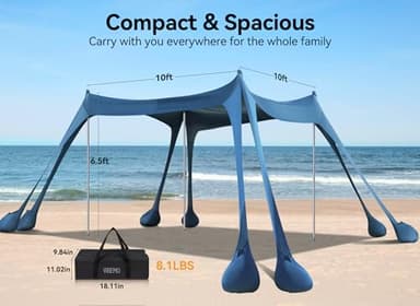 Vibemo Beach Tent, Beach Canopy Sun Shade with UPF50+ UV Protection, 10x10ft, Includes 8 Sandbags, Sand Shovel, Ground Pegs & 4 Stability Poles, Pop Up Sun Shelter for Camping, Picnics, Backyard Fun - Image 5