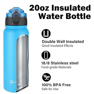 OLDLEY Insulated Water Bottle 20oz Water Bottles with Straw, Stainless Steel Water Bottle with 3 Lids, Double Wall Vacuum Bottles for Adult Kids, Sports Bottles for School Travel,Blue - Image 4