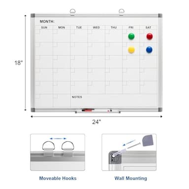 Comix Magnetic Dry Erase Calendar Whiteboard, 24 x 18 Inches Monthly Calendar Dry Erase Board for Wall, Aluminum Frame Planner White Board with Markers, Eraser, Magnets - Image 2