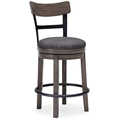 Signature Design by Ashley Caitbrook | Farmhouse Swivel 24" Counter Height Barstool – 360° Swivel, Upholstered with Nailhead Trim, Metal & Wood Frame, Gray - Image 1