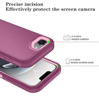 ouyncase Phone Case for iPhone 16e Case with HD Screen Protector, Heavy Duty Shockproof & DustProof & Dropproof 3-Layer Cover Phone Case for iPhone 16e,WineRedPink - Image 3