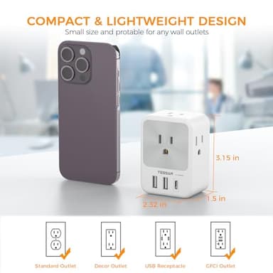 Surge Protector Wall Outlet Extender, TESSAN Multi Plug Outlet Splitter with 3 USB Charging Blocks(1 USB C), Multi Plug Wall Charger for Home, Office, School, College Dorm Essentials - Image 5