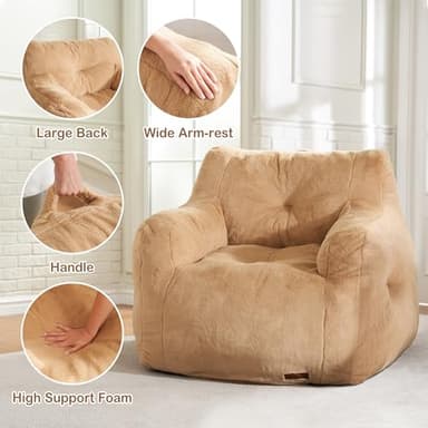 Hobestluk Bean Bag Chair for Adult Small Bean Bag Chairs with Arms Furry Beanbag Chair with Foam Filler Stuffed Bean Bag Sofa for Reading in Bedroom Living Room and Dorms(Khaki) - Image 6