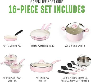 GreenLife 16 Piece Nonstick Cookware Set, Soft Grip Non-Toxic PFAS-Free Ceramic Pots & Pans, Dishwasher & Oven Safe, Frying, Sauce, Saute, Utensils, Glass Lids, Stay-Cool Handles, Wobble Free, Pink - Image 5