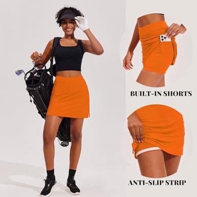 Ekouaer Golf Skirts for Woman with Pockets Silicone Grippers Tennis Skirt Inner Shorts Athletic Pickleball Running Skort,Orange Medium - Image 2