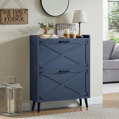 Barnyatoh Shoe Storage Cabinet,Farmhouse Shoe Organizer with 2 Flip Drawers & Barn Door Design,Freestanding Hidden Slim Narrow Shoe Rack Cabinet for Entryway,Foyer,Hallway,Navy Blue - Image 1