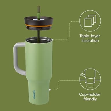 Owala Stainless Steel Triple Layer Insulated Travel Tumbler with Spill Resistant Lid, Straw, and Carry Handle, BPA Free, 40 oz, Green (Brave Adventures) - Image 2