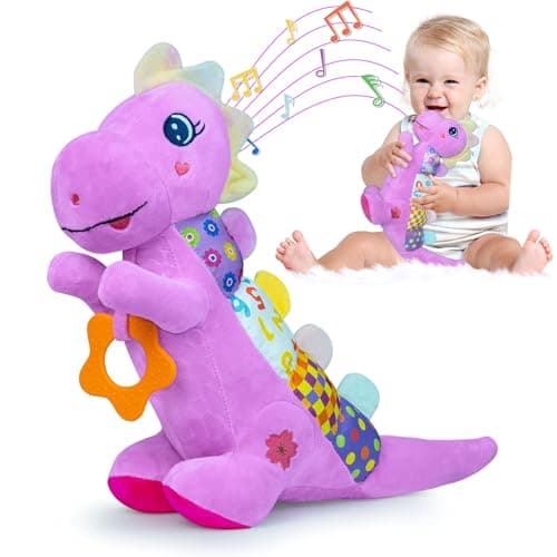 Baby Dino Musical Stuffed Animal Toys for 0-3-6-9-12 Months，Infant Dinosaur Tummy Time Toys with Crinkle Sound Paper，Teether，Textures & Rattles for Newborn Boys Girls Birthday Gifts，Purple - Image 1