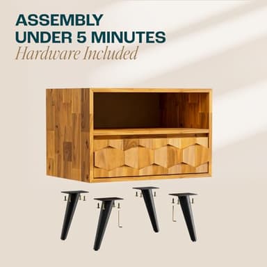 Bme Georgina Solid Wood Nightstand With 1 Drawer & Open Shelf- Fully Assembled Mid Century Modern Side Table - Geometric Pattern Bedside Dresser for Bedroom and Living Room - Image 5