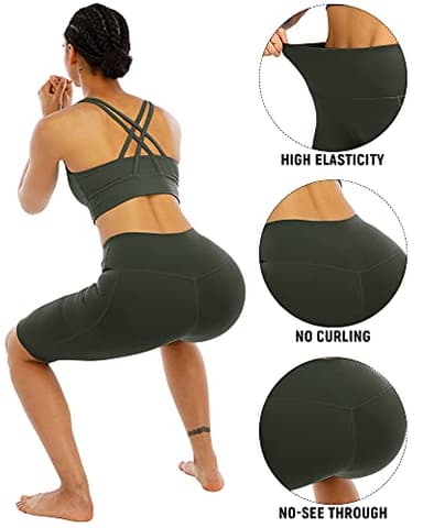 WHOUARE 4 Pack Biker Yoga Shorts with Pockets for Women,High Waisted Athletic Running Workout Gym Shorts Tummy Control,Army Green,Navy,Dark Gray,Burgundy,M - Image 4