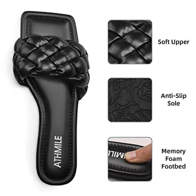ATHMILE Braided Womens Sandals Square Open Toe Fashion Slide Sandals Women Dressy Summer Flat Beach Black 2025 Size 8 - Image 5
