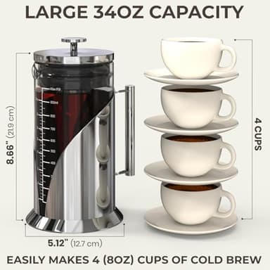 Start Brewing Perfect Iced Coffee & Tea w/ Our Cold Brew Coffee Maker, Pitcher for Fridge (34oz) - Air Tight Seal, Measuring Label - Stainless Steel Iced Coffee Maker Machine, Brewer - Cafe Du Chateau - Image 2