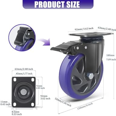 6 Inch Caster Wheels 3000lbs,Heavy Duty Casters Set of 4 with Brake, No Noise Polyurethane Swivel Caster Wheels for Cart,Furniture,Workbench(Free Screws & Spanners) - Image 2
