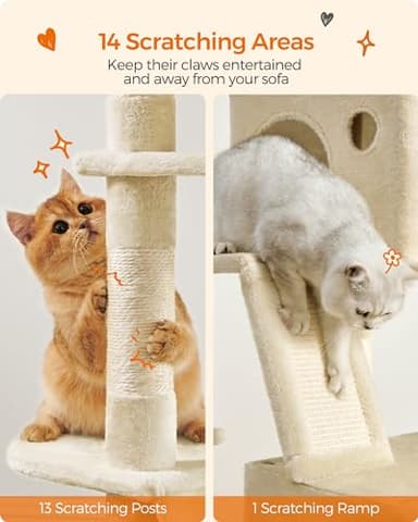 Feandrea Cat Tree, 81.1-Inch Large Cat Tower with 13 Scratching Posts, 2 Perches, 2 Caves, Basket, Hammock, Pompoms, Multi-Level Plush Cat Condo for Indoor Cats, Beige UPCT190M01 - Image 5
