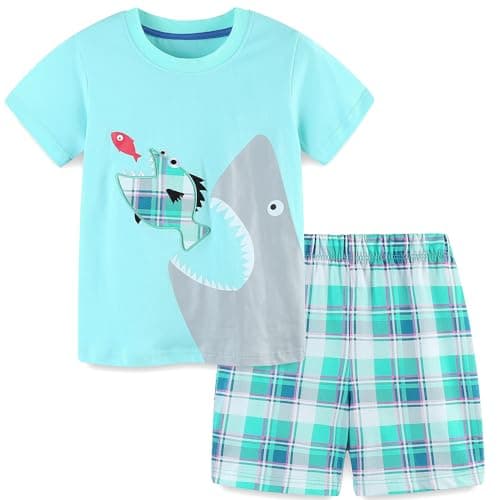 Baby Toddler Boy Clothes Shark Outfits Summer Cotton Short Sleeve Tshirt Tee and Shorts Clothing Set Light Blue 2t - Image 1