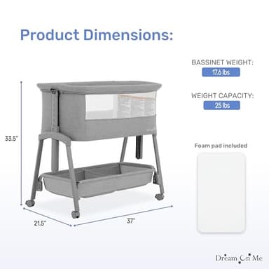 Dream On Me Calypso Portable Bassinet with Wheels in Grey, Quick & Easy Folding, Seven Adjustable Height, Machine Washable Fabric, Portable and Packable Bedside Bassinet - Image 3