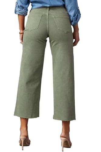 Allimy Women's High Waisted Straight Ankle Wide Leg Ripped Jeans Frayed Hem Stretchy Capri Denim Pants Olive Size 4 - Image 4