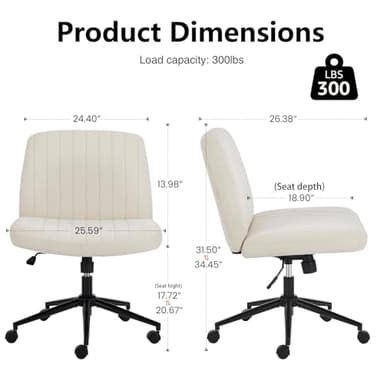Sweetcrispy Criss Cross Chair Legged, Armless Office Desk Chair with Wheels, Swivel Vanity Height Adjustable Wide Seat Computer Task Seating - Beige - Image 2