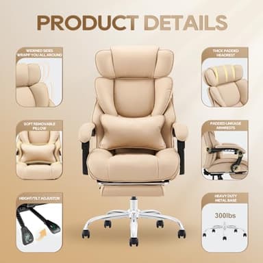 COLAMY Office Chair with Retractable Footrest, Ergonomic High Back Design Executive Computer Desk Chair with Removable Lumbar Pillow, 90-135°Reclining, Thick Bonded Leather for Home Office Work, Khaki - Image 6