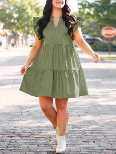 Fisoew Plus Size Dresses for Women Summer Ruffle Short Sleeve V Neck Dress Tiered Swing A Line Babydoll Mini Dress Army Green - Image 4