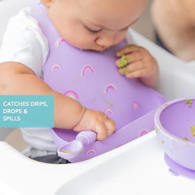 Bumkins Bibs, Silicone Pocket for Babies, Baby Bib for Girl or Boy, for 6-24 Months Up to Toddler, Essential Must Have for Eating, Feeding, Baby Led Weaning Supplies, Mess Saving, Rainbows Purple - Image 3