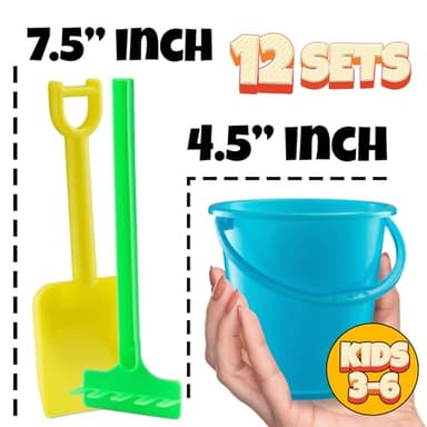 Mini 4.5-Inch Beach Buckets for Kids - (12 Pack) Sand Buckets and Shovels w/Rakes & Mesh Bags - Small Beach Pails - Sturdy Unbreakable Plastic - Beach Party Favors & Giveaways for Toddlers Ages 3-6 - Image 3