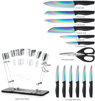Marco Almond® Knife Block Set,14-Piece Rainbow Color Stainless Steel Knife Sets for Kitchen with block, KYA35 Chef Cooking Knives Set with Acrylic Stand - Image 2