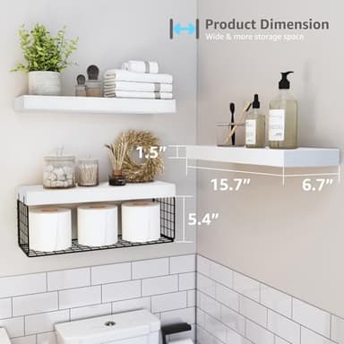 QEEIG Bathroom Shelves Over Toilet - Wall Mounted Floating Shelves Toilet Paper Storage Small Farmhouse Decor Shelf 16 inch Set of 3, White and Black (019-WB3) - Image 3