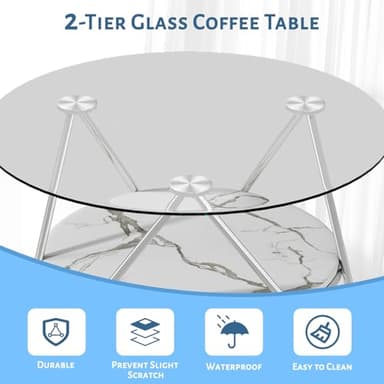 ASYA Round Coffee Table with Storage, 2-Tier Glass Coffee Table for Living Room, Modern Living Table with Tempered Glass & Metal Frame (Faux Marble) - Image 3