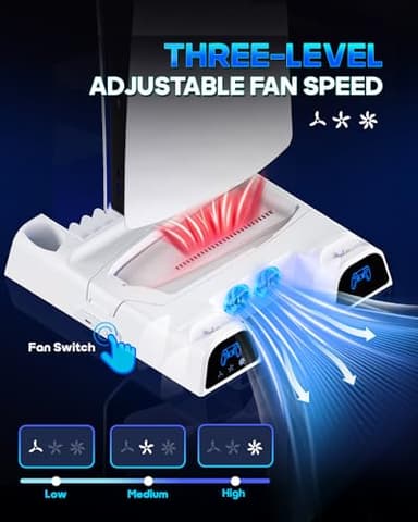 PS5 & PlayStation 5 Slim Cooling Station Stand with Controller Charging Station for PlayStation 5 Digital & Disc Edition Console, Nargos PS5 & PlayStation 5 Slim Accessories with 3 Level Cooler Fan - Image 2