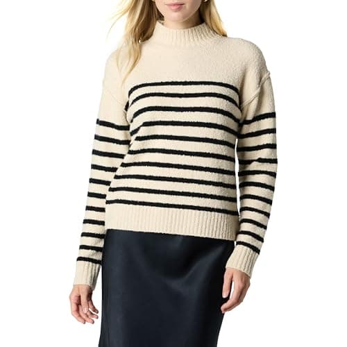 The Drop Women’s Carolina Drop Shoulder Mock Neck Pullover with Exposed Seams, Crème Brulee/Black, M - Image 1