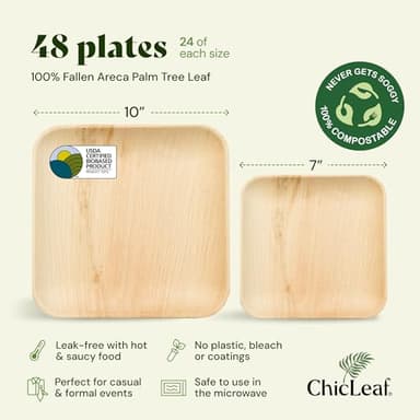Chic Leaf Compostable & Biodegradable Palm Leaf Disposable Bamboo Plates - Disposable Party Plates for Appetizers - Camping Essentials - Reusable Party Supplies (10 & 7 Inch Square) - Image 2