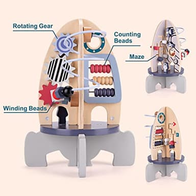 Wdmiya Space Wooden Activity Cube Toys for Baby, Montessoritoys for 1 Year Old Boy & Girl Birthday Gifts, Sensory and Educational 1st Birthday Gifts, Busy Board Toys for Baby Boy 6-18 Months (Rocket) - Image 6
