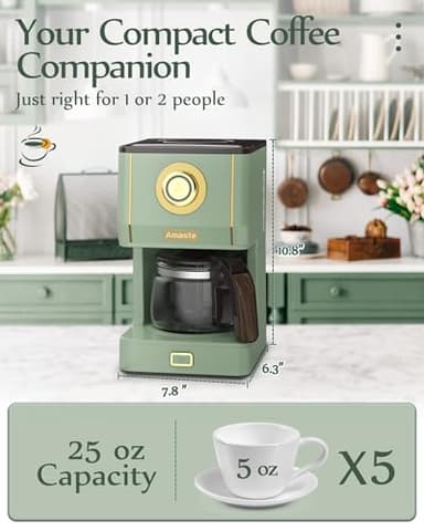Amaste Drip Coffee Maker, Coffee Machine with 25 Oz Glass Coffee Pot, Retro Style Coffee Maker with Reusable Filter & Three Brewing Modes, 30minute-Warm-Keeping, Matcha Green - Image 2