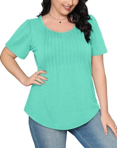 Womens Summer Tops Loose Fit Round Neck Short Sleeve Pleated T Shirts Beach Vacation Essentials Aqua M - Image 4