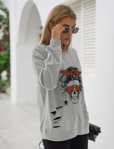 Blooming Jelly Women's Halloween Sweatshirts Skull Graphic T Shirts Long Sleeve Pullover Gothic Fall Trendy Outfits 2024 (Large, Gray-Spider) - Image 5