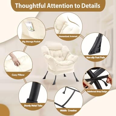 Youtanic Lazy Chair Thick Padded, Comfy Velvet Accent Lounge Chair with Stable Frame, Leisure Sofa Armchair with Armrests and Side Pocket, Reading Chair for Bedroom, Living Room, Office, Beige - Image 6